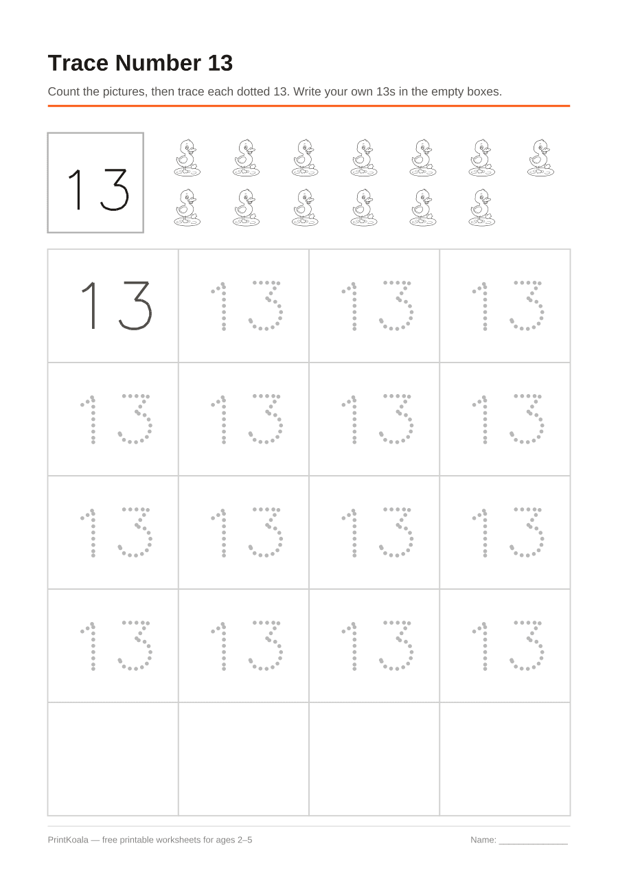 Full preview of the Trace Number 13 worksheet