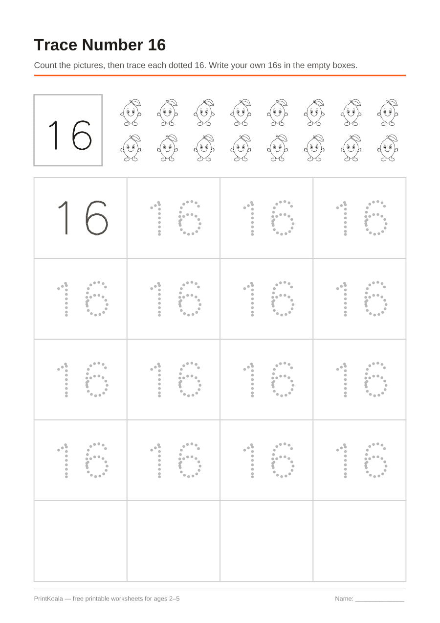 Full preview of the Trace Number 16 worksheet