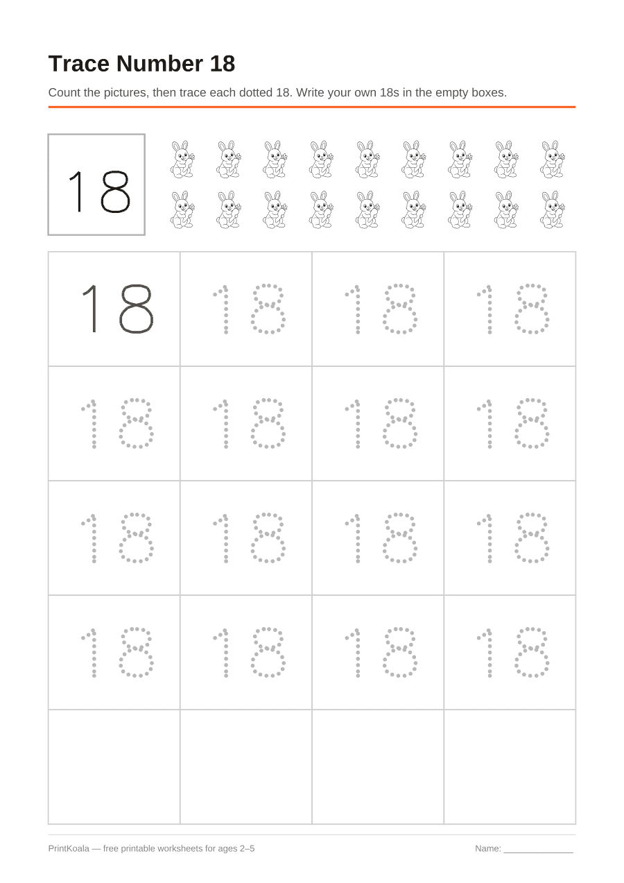 Full preview of the Trace Number 18 worksheet