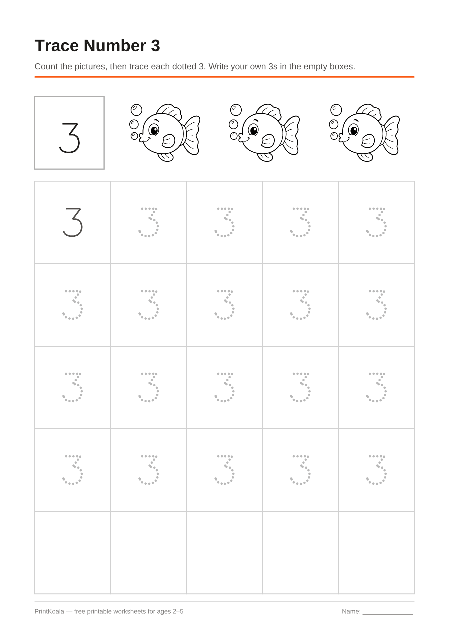 Full preview of the Trace Number 3 worksheet