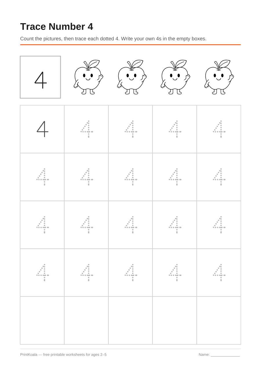 Full preview of the Trace Number 4 worksheet
