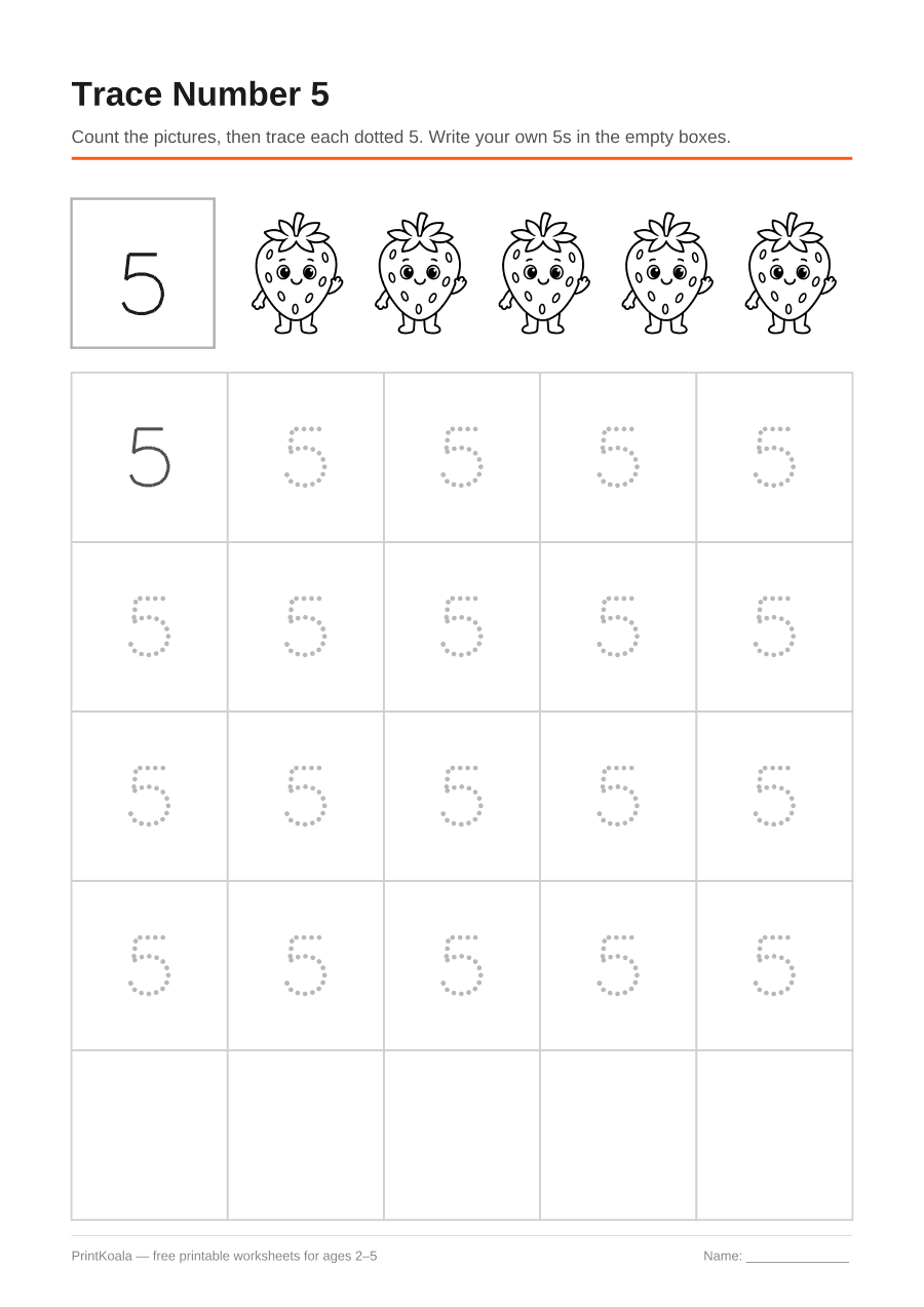 Full preview of the Trace Number 5 worksheet