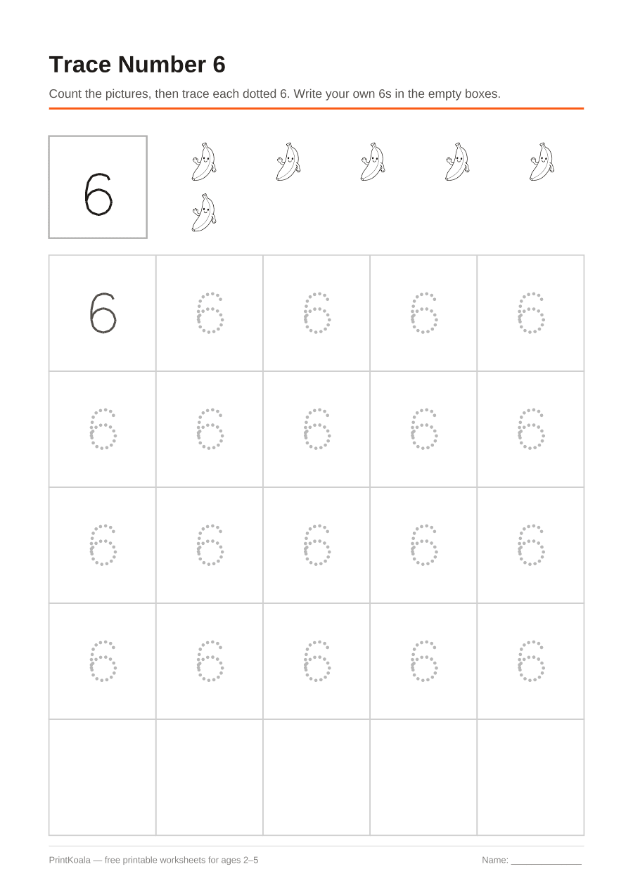 Full preview of the Trace Number 6 worksheet