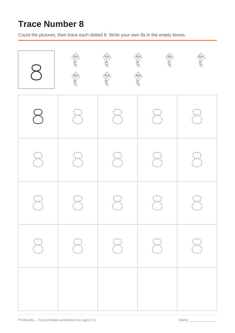 Full preview of the Trace Number 8 worksheet