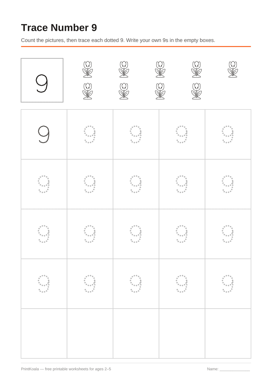 Full preview of the Trace Number 9 worksheet