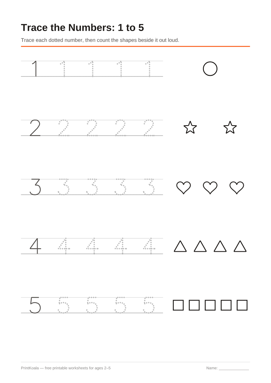 Full preview of the Trace Numbers 1 to 5 worksheet