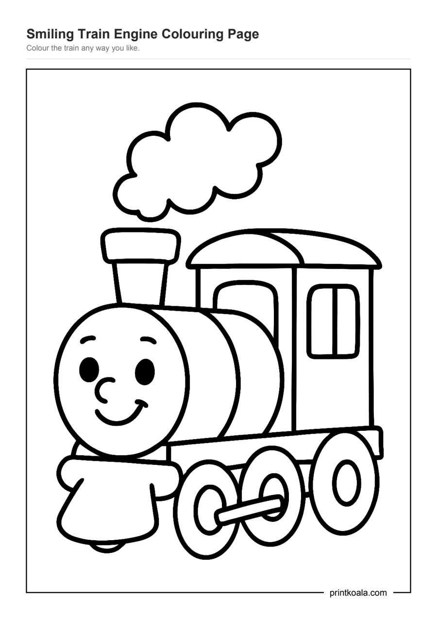 Full preview of the Smiling Train Engine Colouring Page worksheet