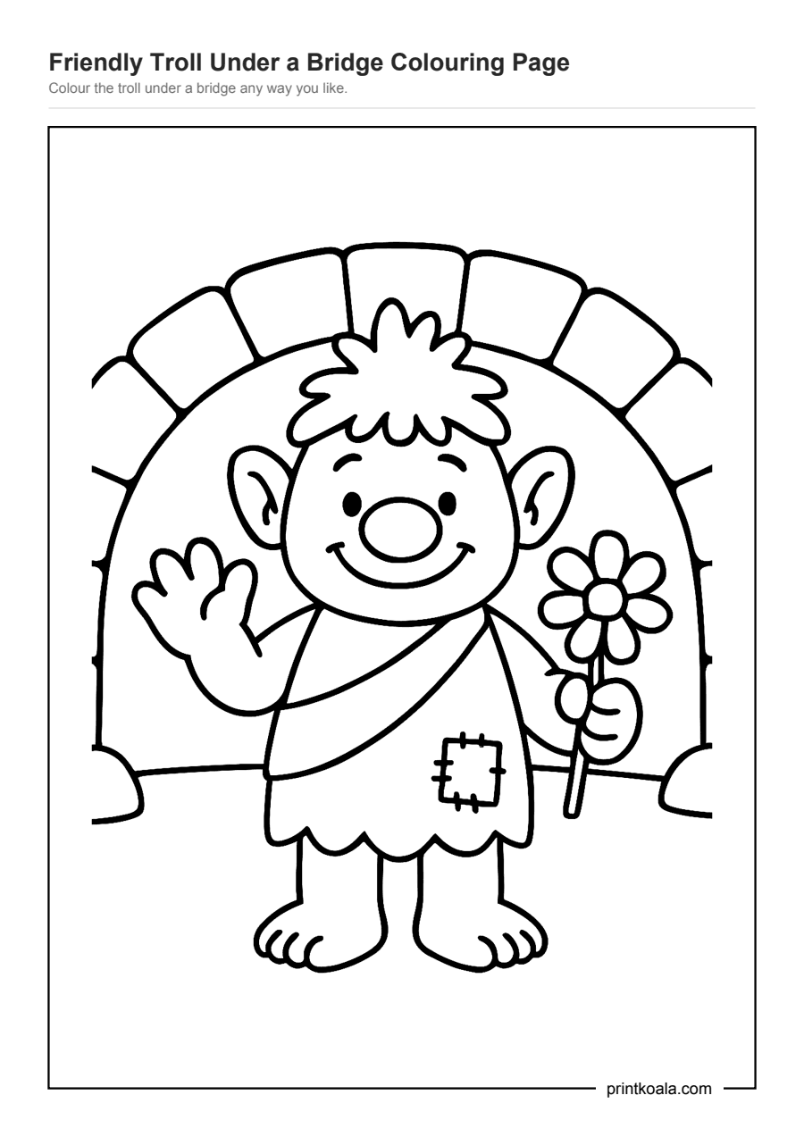 Full preview of the Friendly Troll Under a Bridge Colouring Page worksheet
