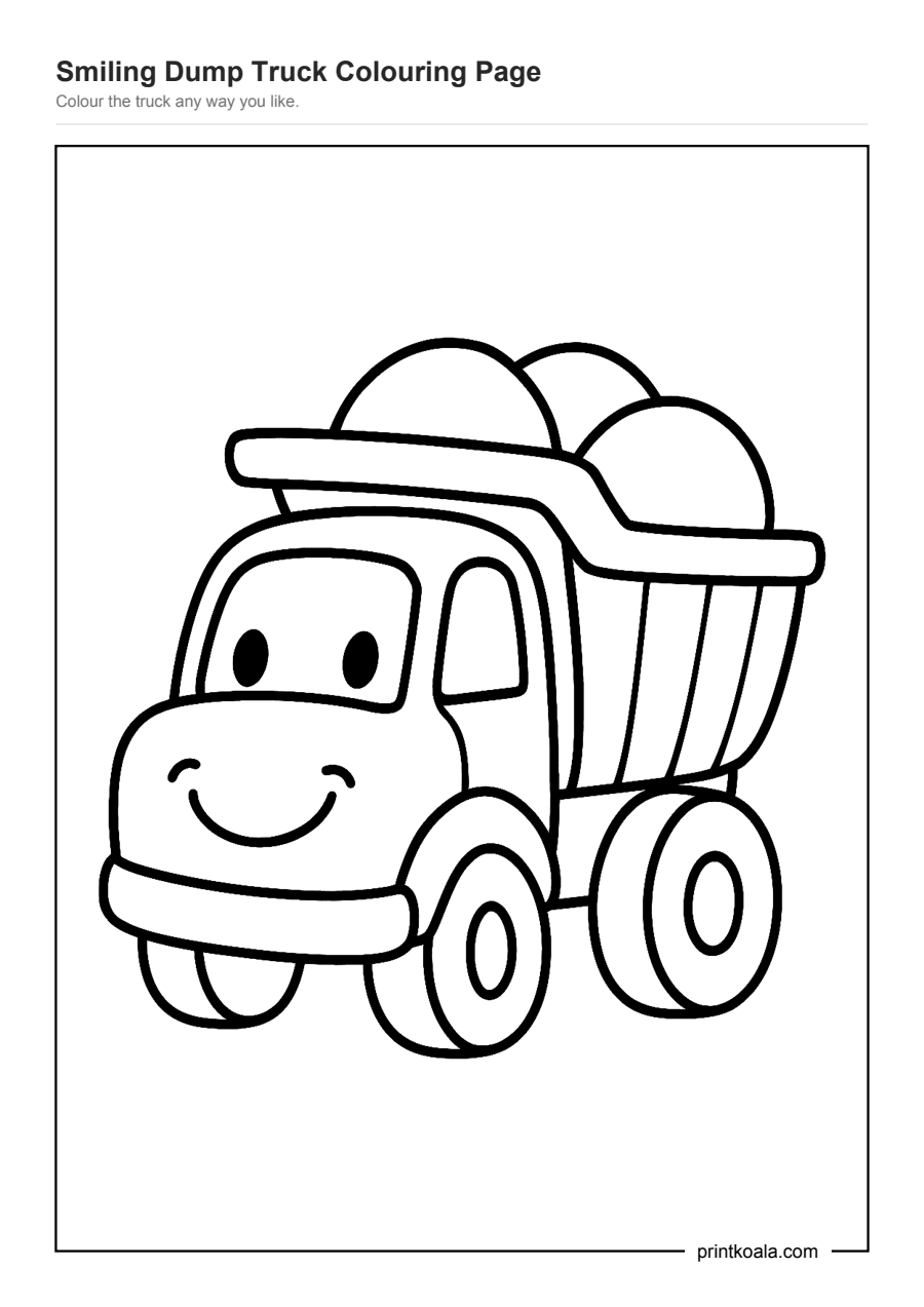 Full preview of the Smiling Dump Truck Colouring Page worksheet