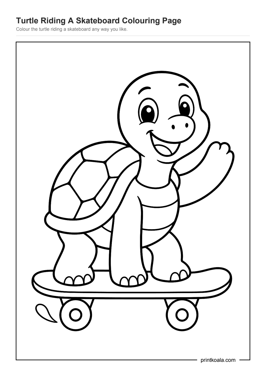 Full preview of the Turtle Riding A Skateboard Colouring Page worksheet