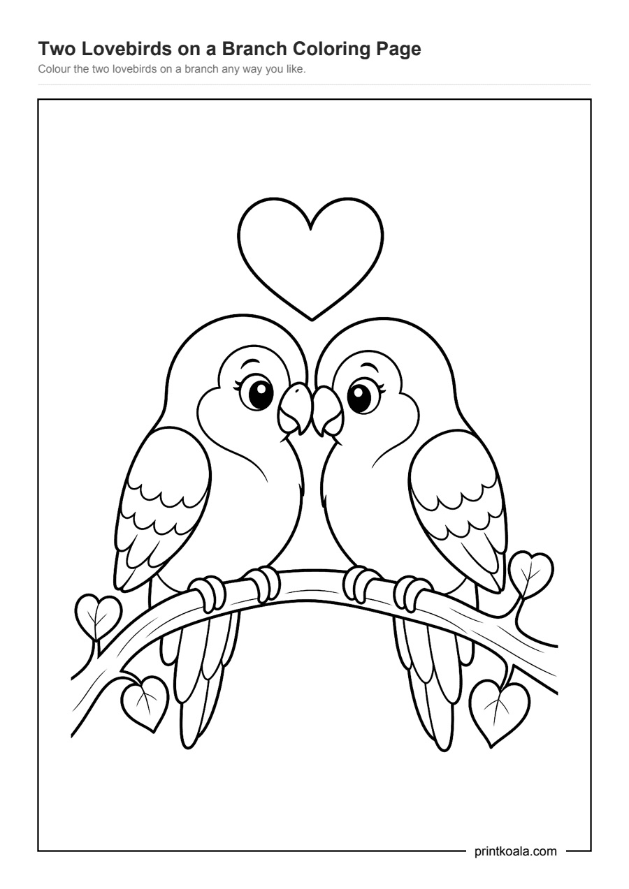 Full preview of the Two Lovebirds on a Branch Coloring Page worksheet