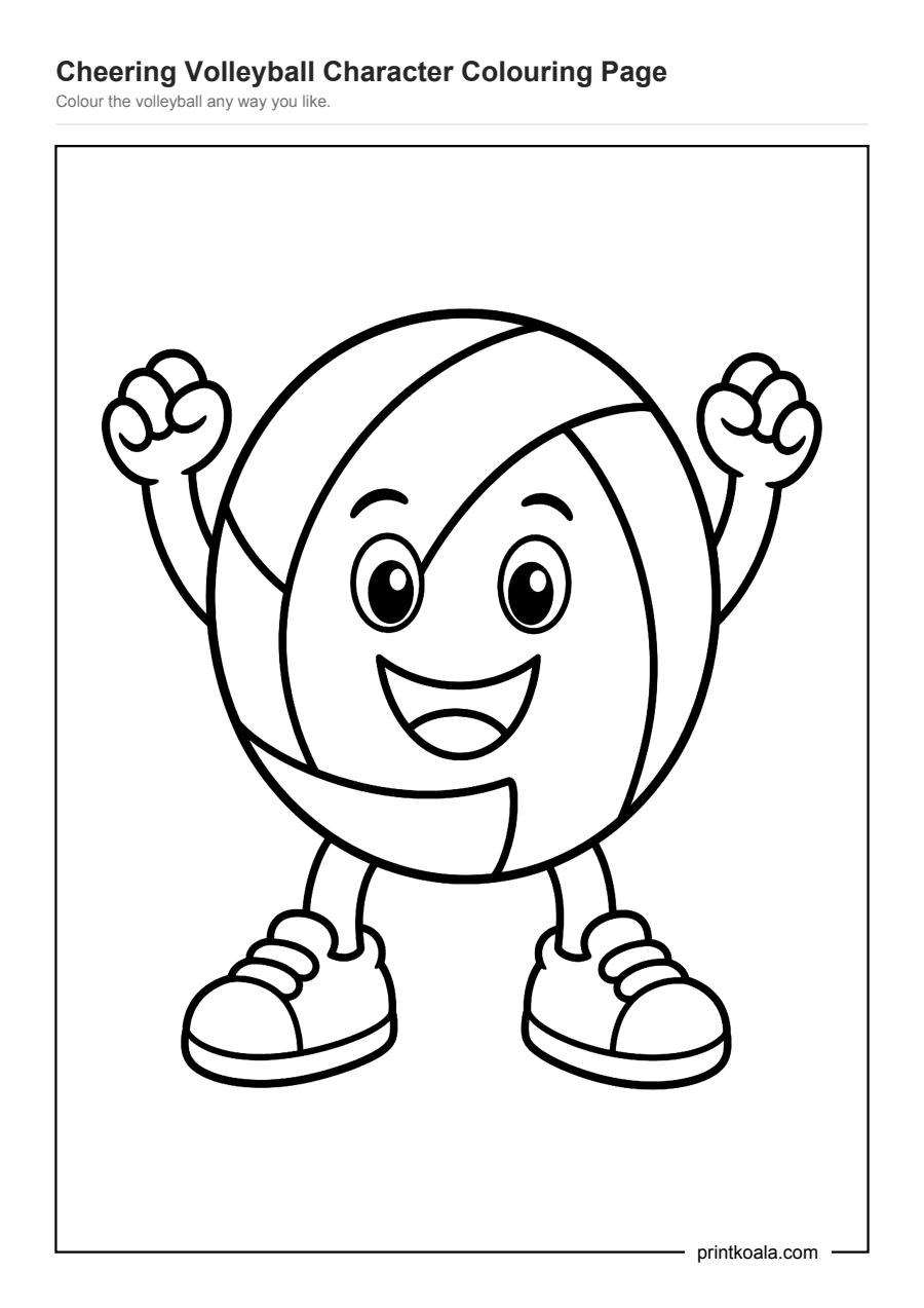 Full preview of the Cheering Volleyball Character Colouring Page worksheet