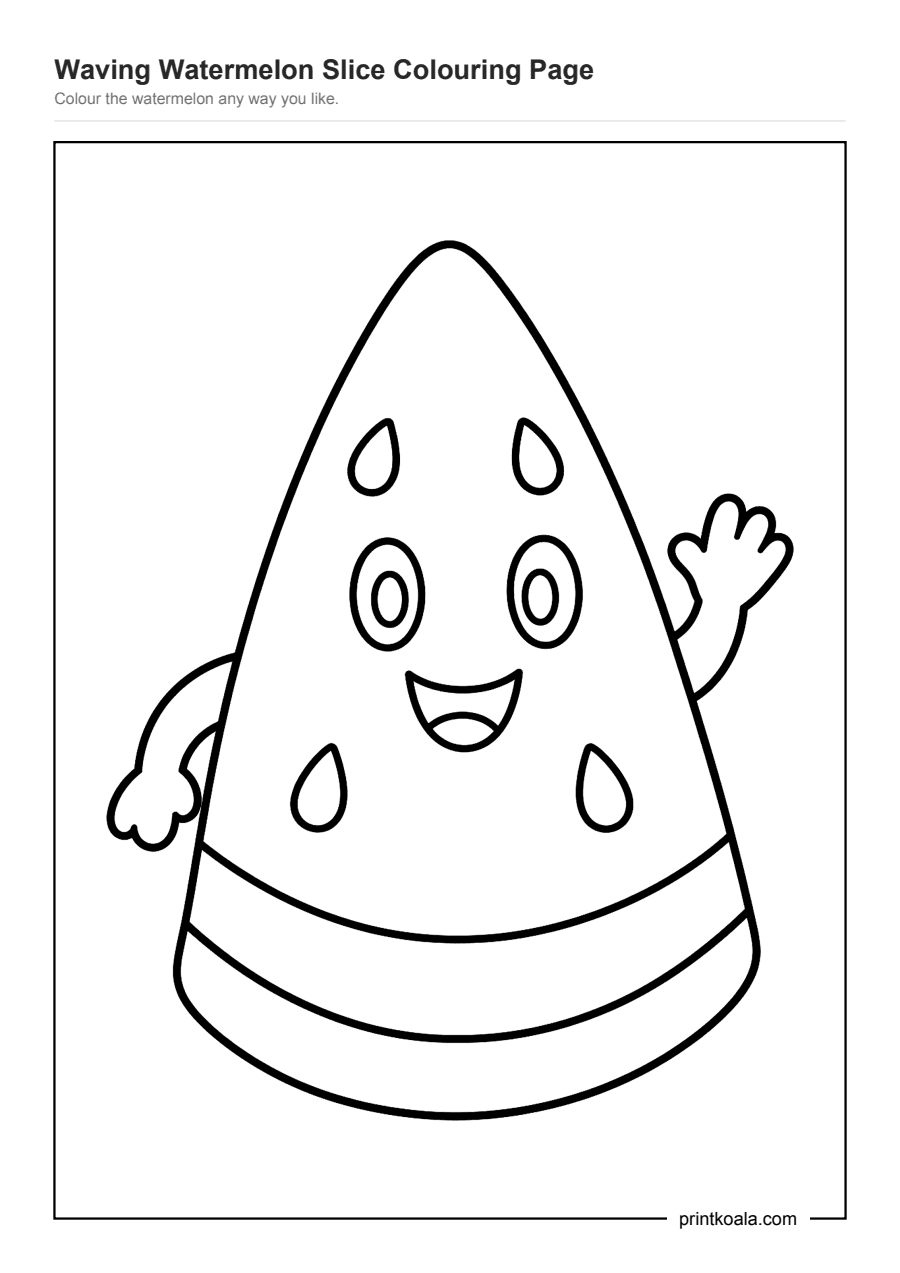 Full preview of the Waving Watermelon Slice Colouring Page worksheet