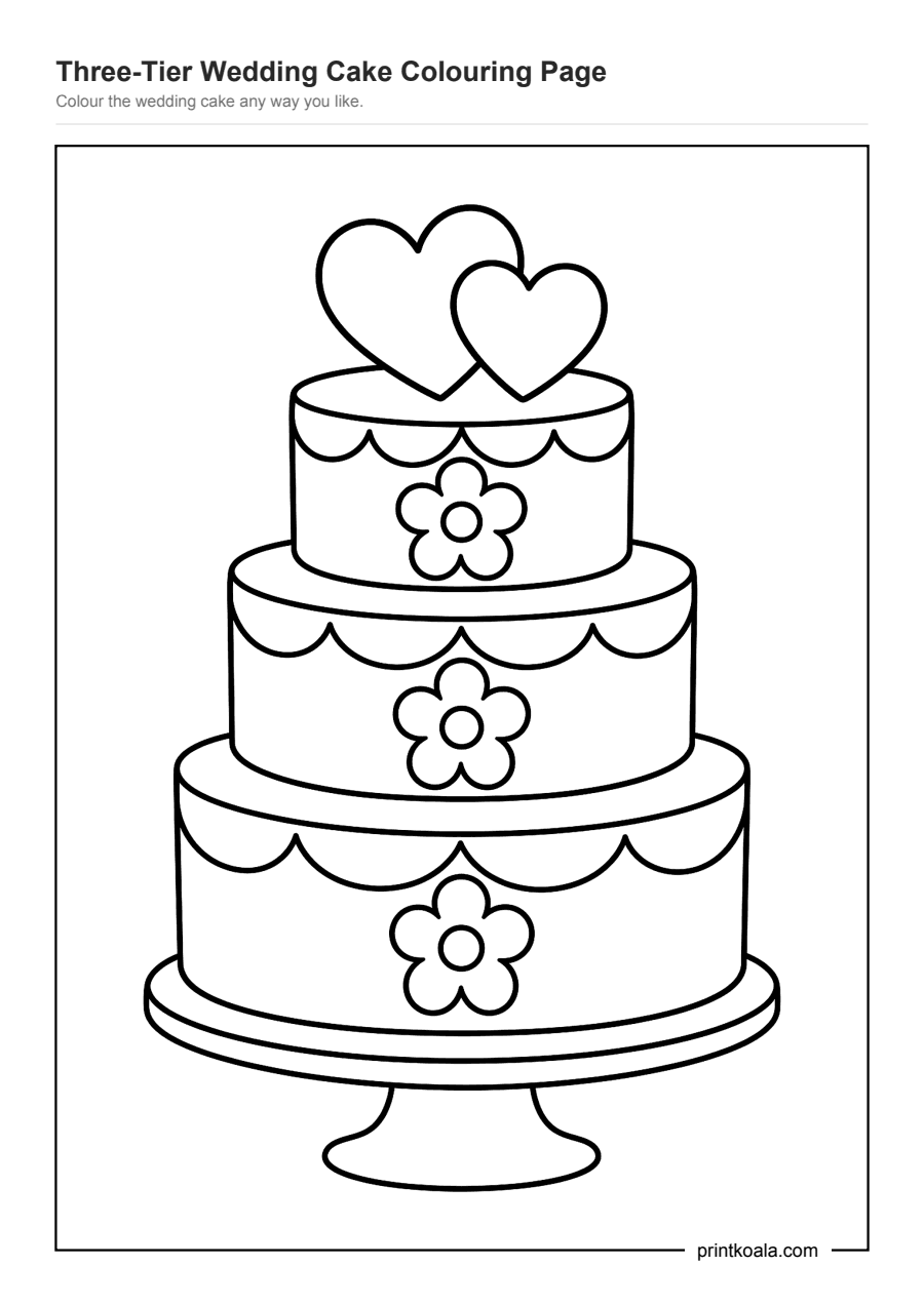 Full preview of the Three-Tier Wedding Cake Colouring Page worksheet