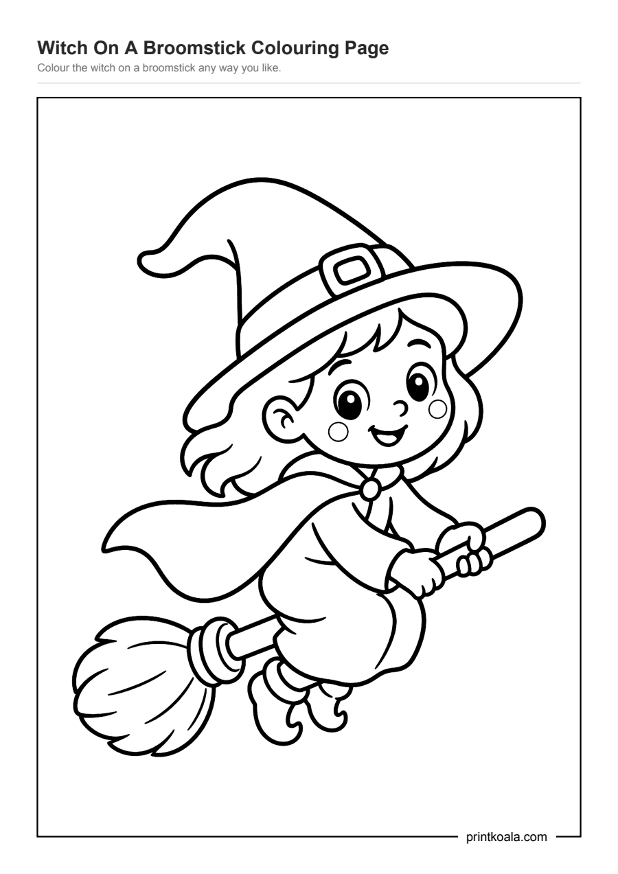 Full preview of the Witch On A Broomstick Colouring Page worksheet