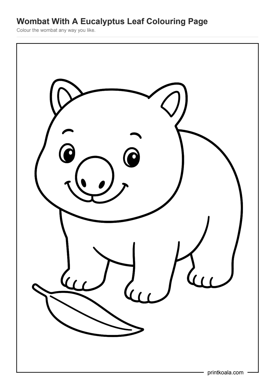 Full preview of the Wombat With A Eucalyptus Leaf Colouring Page worksheet