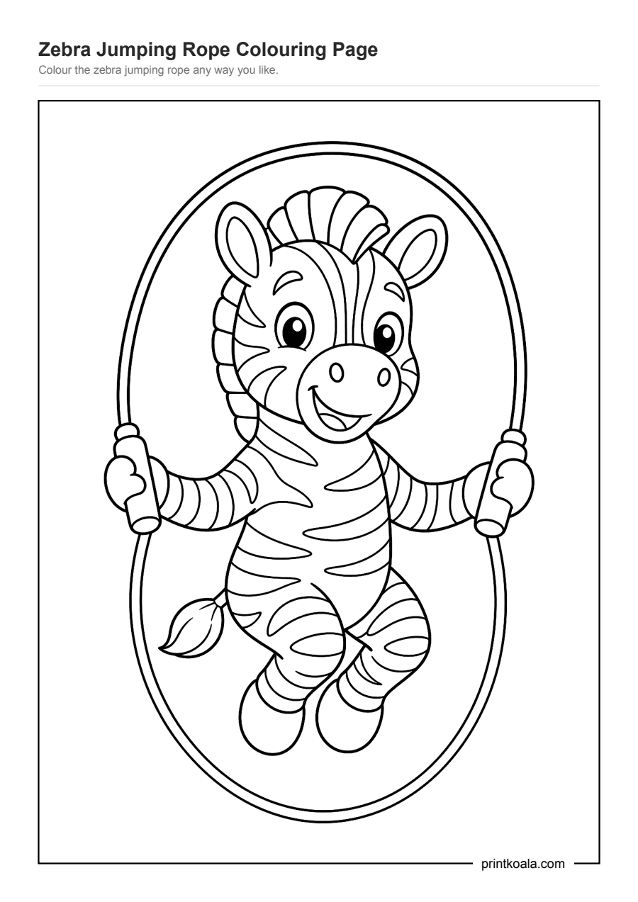 Full preview of the Zebra Jumping Rope Colouring Page worksheet