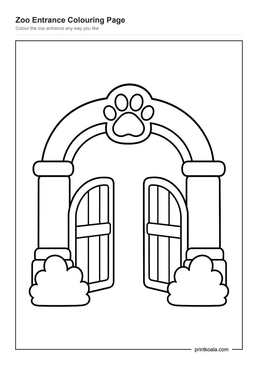 Full preview of the Zoo Entrance Colouring Page worksheet