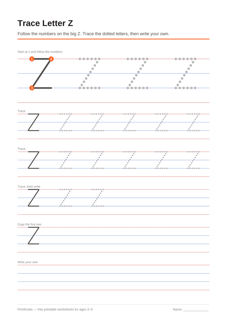 First Then Next Last Worksheet.pdf Trace Letter Z — Free Printable (Ages 3–5) | PrintKoala