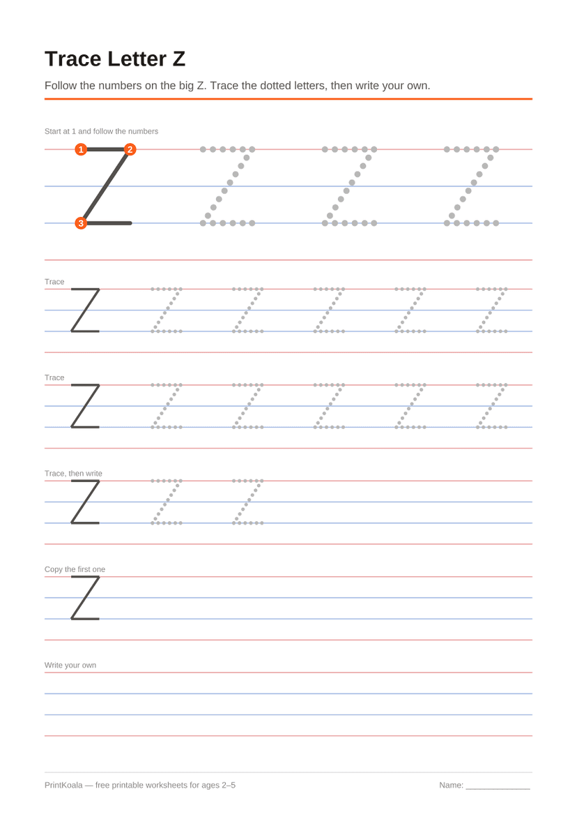 First Then Next Last Worksheet.pdf Trace Letter Z — Free Printable (Ages 3–5) | PrintKoala